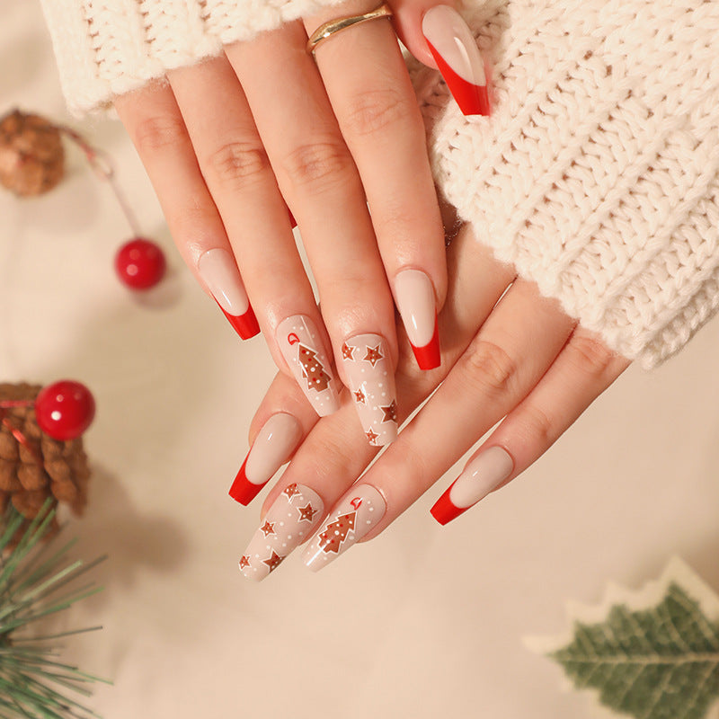 [Christmas 2024] Christmas Theme Gingerbread Tree and Stars Long Press On Nails