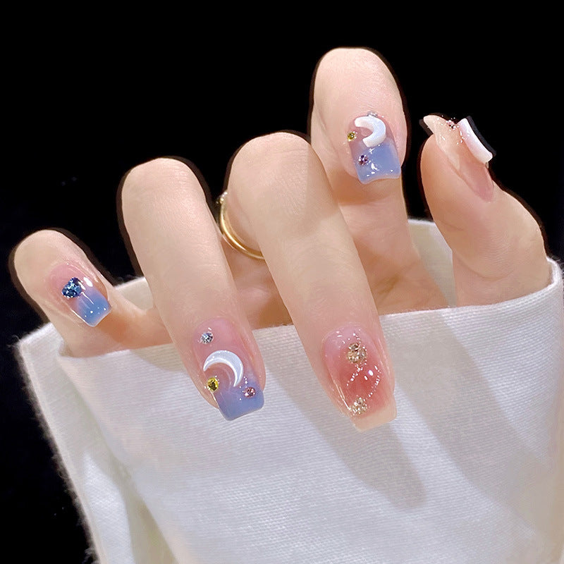 Blue and Pink Glittering Moon Short Press On Nails