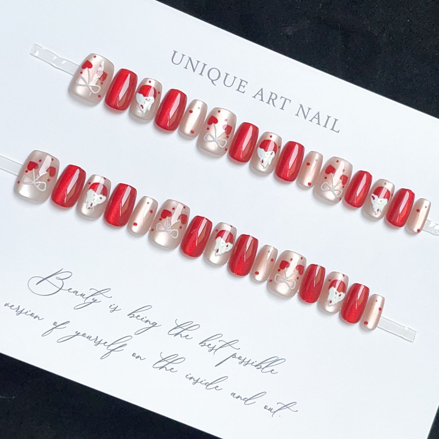 [FULL SET GLITTERING] Red and White Glittering Heart Bow and Dessert Medium Short Press On Nails