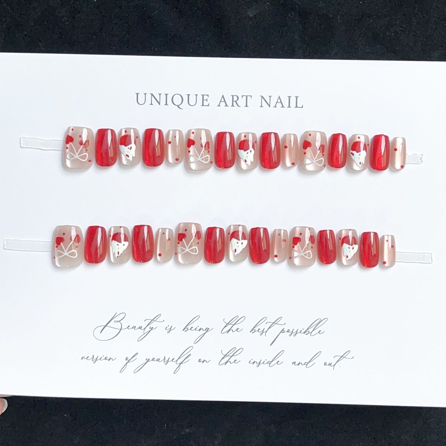 [FULL SET GLITTERING] Red and White Glittering Heart Bow and Dessert Medium Short Press On Nails