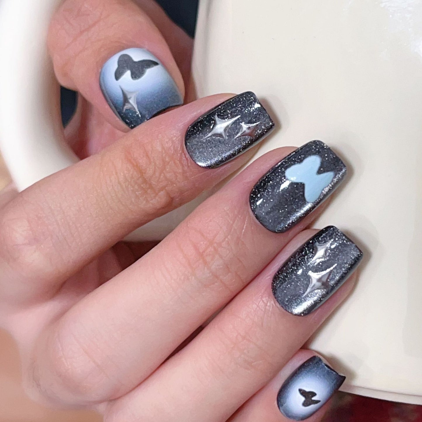 [FULL SET GLITTERING] Glittering Silver and Blue Butterfly and Stars Medium Short Press On Nails