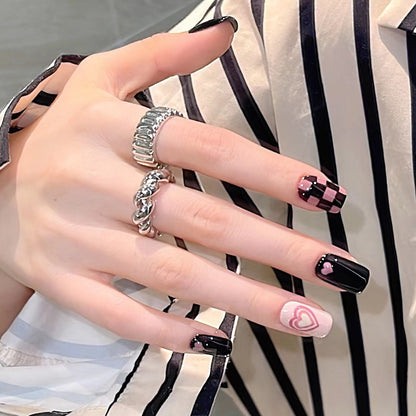 [2024  SALE] Pink and Black Heart and Checkerboard Medium Short Press On Nails