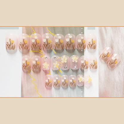 Elegant Golden Tulips Short Press On Nails