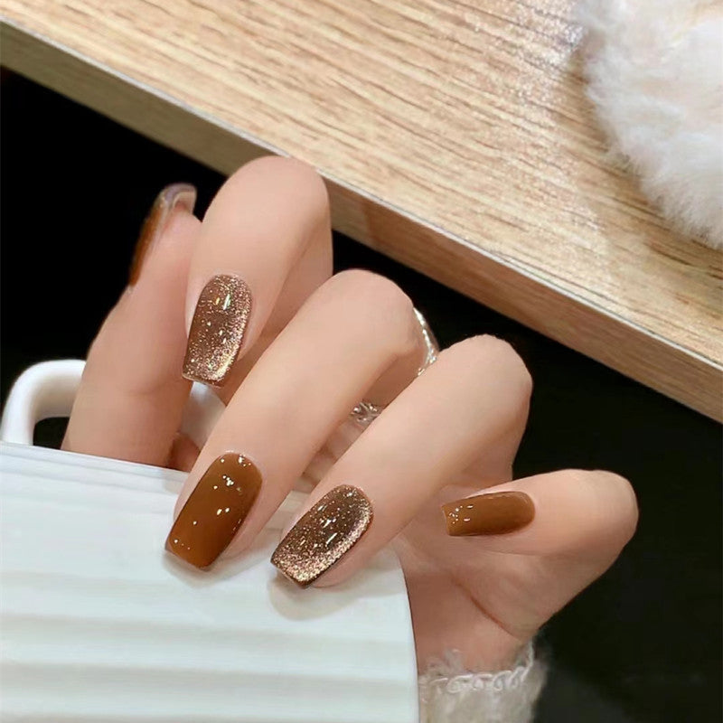 Glittering Coffee Brown Medium Length Press On Nails