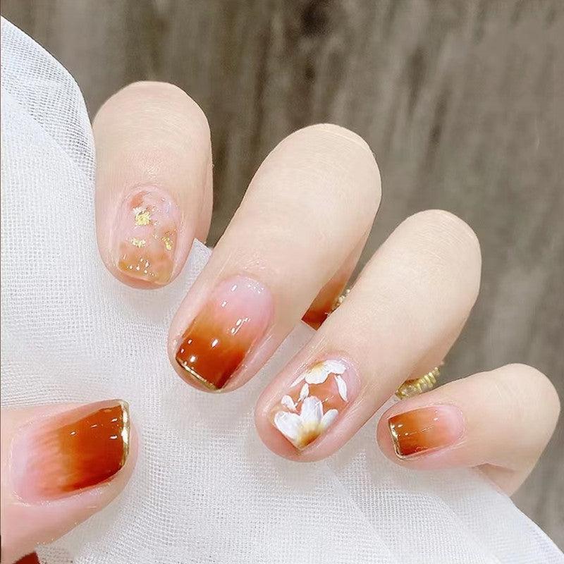 Orange Tea Flowers with Gold Glitters Short Press-On Nails - Belle Rose Nails