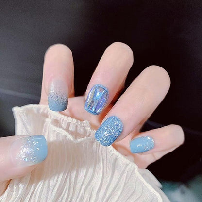 Aurora Blue and Ice Sparkles Short Press On Nails - Belle Rose Nails