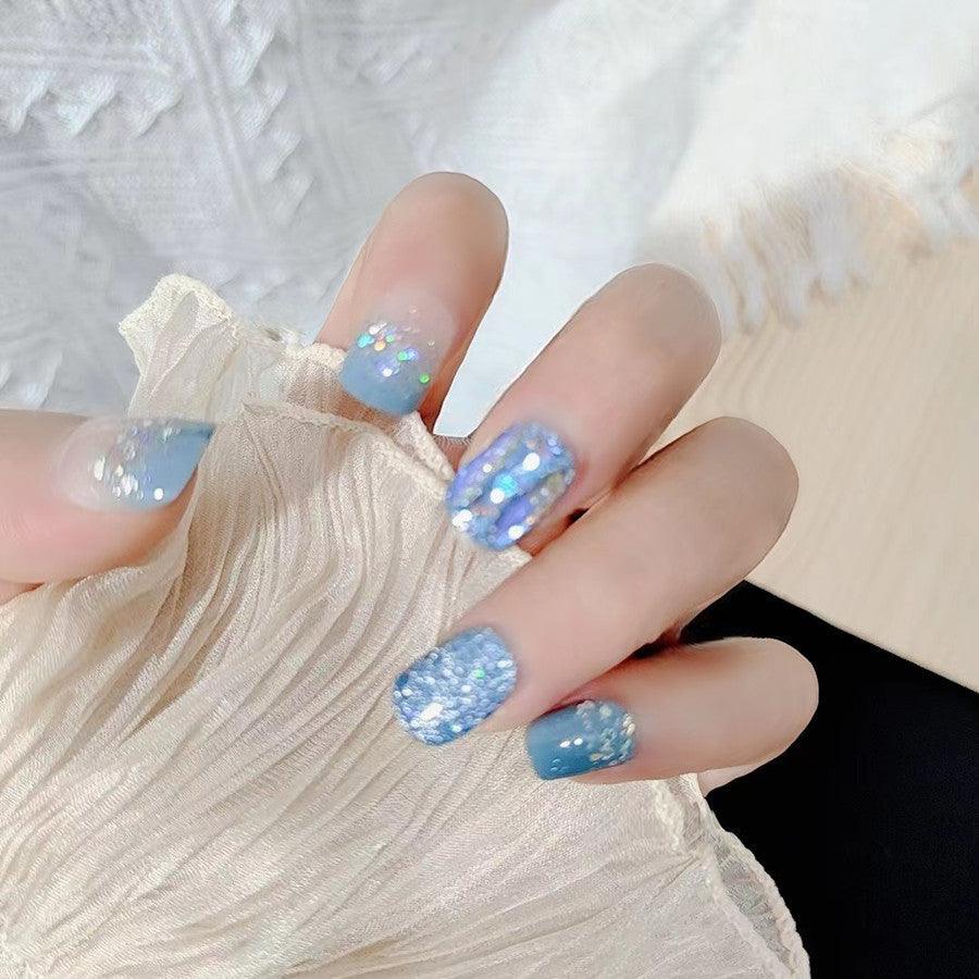 Aurora Blue and Ice Sparkles Short Press On Nails - Belle Rose Nails
