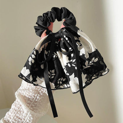 [AUTUMN SALE] 1 PCS Black and White Chic Flowers Bowtie Ribbon Scrunchie Hair Tie - Belle Rose Nails
