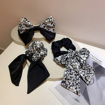 [AUTUMN SALE] 1 PCS Black and White Floral Design Hair Bow/Ribbon Scrunchies Hair Tie - Belle Rose Nails