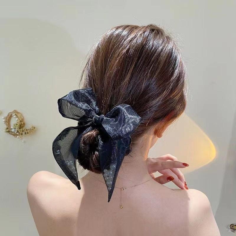 [AUTUMN SALE] 1 PCS Black Lace with Faux Pearls Hair Bow Bowtie Scrunchie Hair Tie - Belle Rose Nails