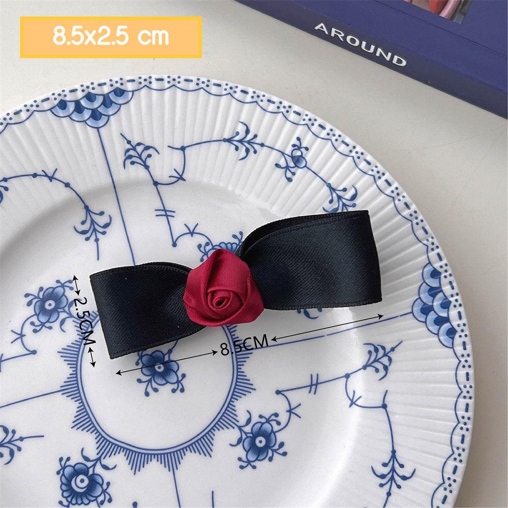 [AUTUMN SALE] 1 PCS Romantic Red Rose with Black Ribbon Hair Clip/Hair Claw/Scrunchie - Belle Rose Nails