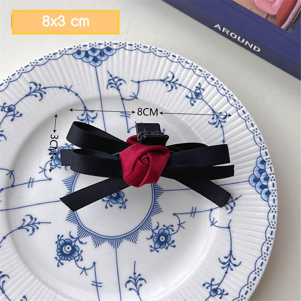 [AUTUMN SALE] 1 PCS Romantic Red Rose with Black Ribbon Hair Clip/Hair Claw/Scrunchie - Belle Rose Nails