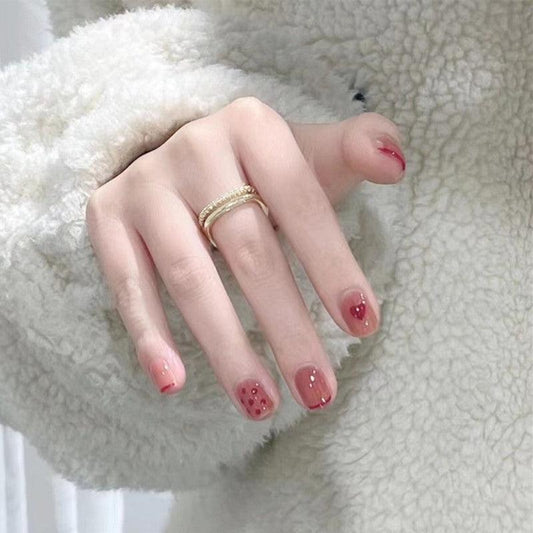 [SPRING MEGA SALE] Bean Paste Red French with Heart and Dots Short Press-On Nails - Belle Rose Nails