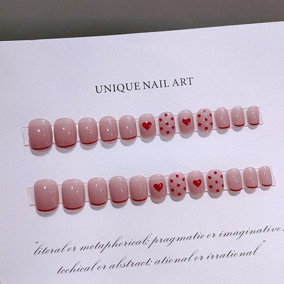 [SPRING MEGA SALE] Bean Paste Red French with Heart and Dots Short Press-On Nails - Belle Rose Nails