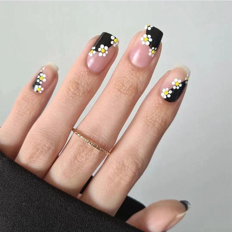 Black with Flowers Short Press On Nails - Belle Rose Nails