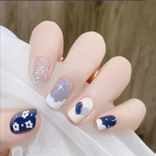 Blue Floral Hearts Glittering Clouds Short Press-On Nails - Belle Rose Nails