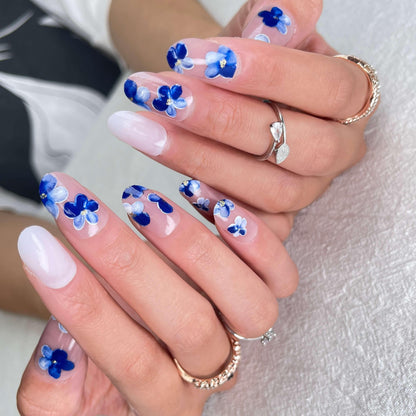 [AUTUMN SALE] Boho Flowers Dark Blue Medium Length Press On Nails - Belle Rose Nails
