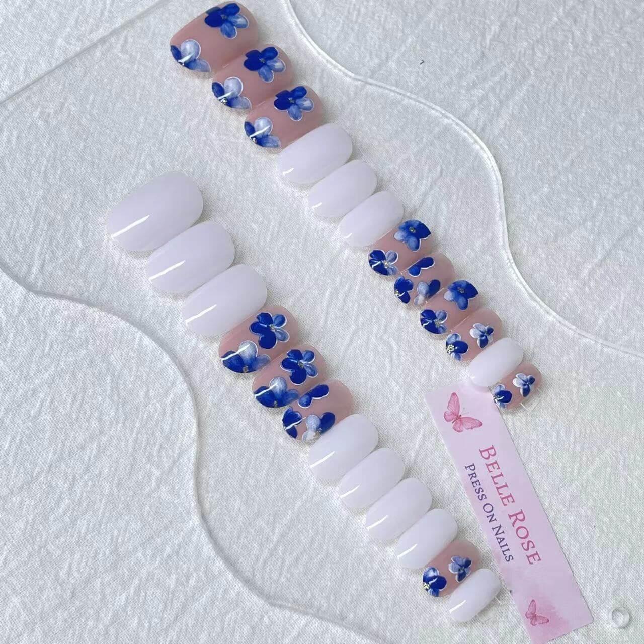 [AUTUMN SALE] Boho Flowers Dark Blue Medium Length Press On Nails - Belle Rose Nails