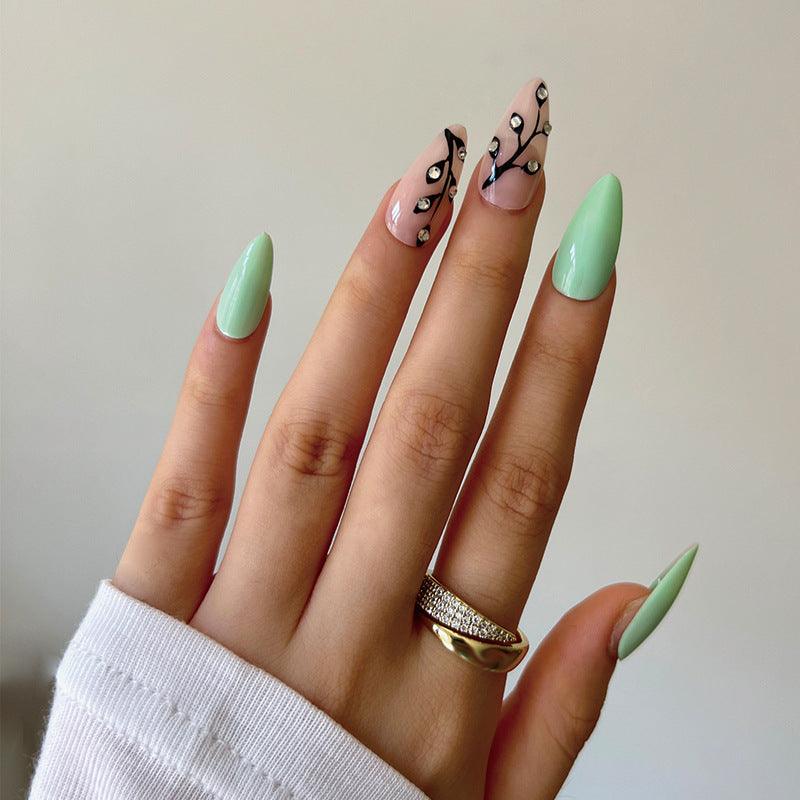 Boho Grass Green and Leaves Design Long Press-on Nails - Belle Rose Nails