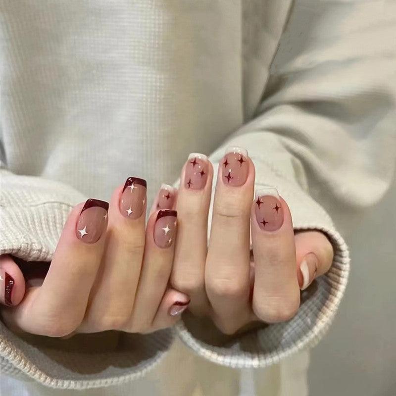 [AUTUMN SALE] Chic Red and White Stars French Style Short Press On Nails - Belle Rose Nails