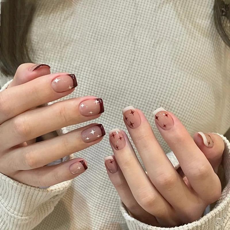 [AUTUMN SALE] Chic Red and White Stars French Style Short Press On Nails - Belle Rose Nails