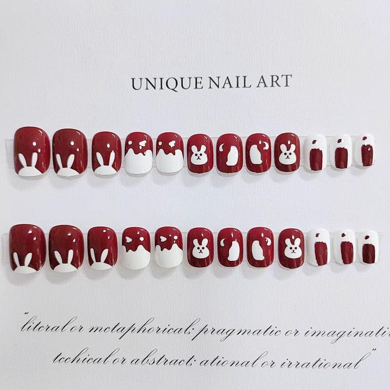 Cute Kawaii Cream Bunny Rabbit Red Short Press-on Nails - Belle Rose Nails