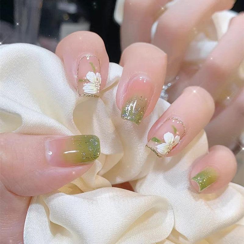 [SPRING MEGA SALE] Glittering Green Ombre with White Flowers Blossom Medium Short Press-On Nails - Belle Rose Nails