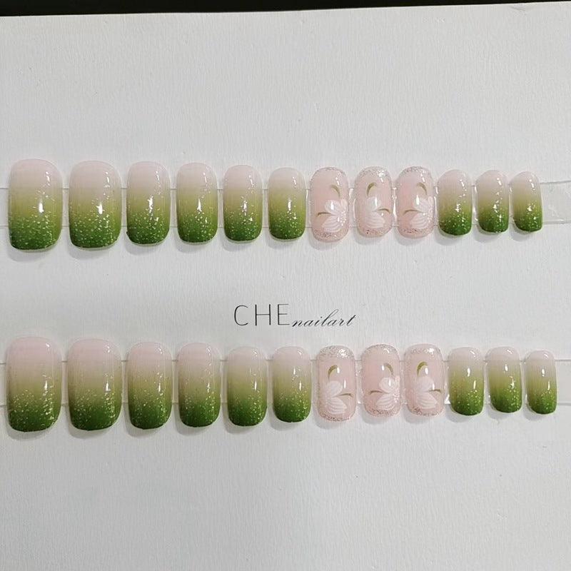 [SPRING MEGA SALE] Glittering Green Ombre with White Flowers Blossom Medium Short Press-On Nails - Belle Rose Nails