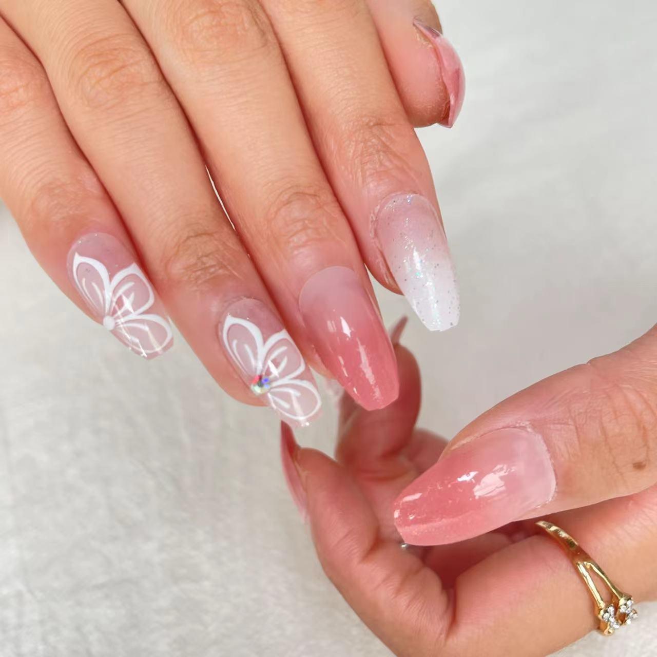 [AUTUMN SALE] Glittering Pink Butterfly Medium Length Press-On Nails - Belle Rose Nails