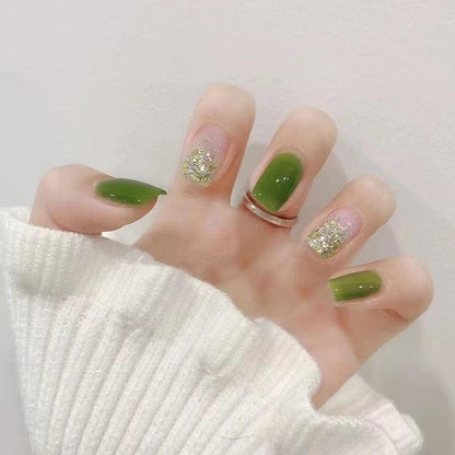 Jelly Grass Green with Glittering Ombre Medium Short Press-On Nails - Belle Rose Nails