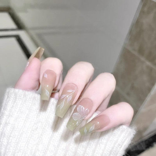 [SUMMER SALE] Light Green Ombre with Flowers Long Press-On Nails - Belle Rose Nails