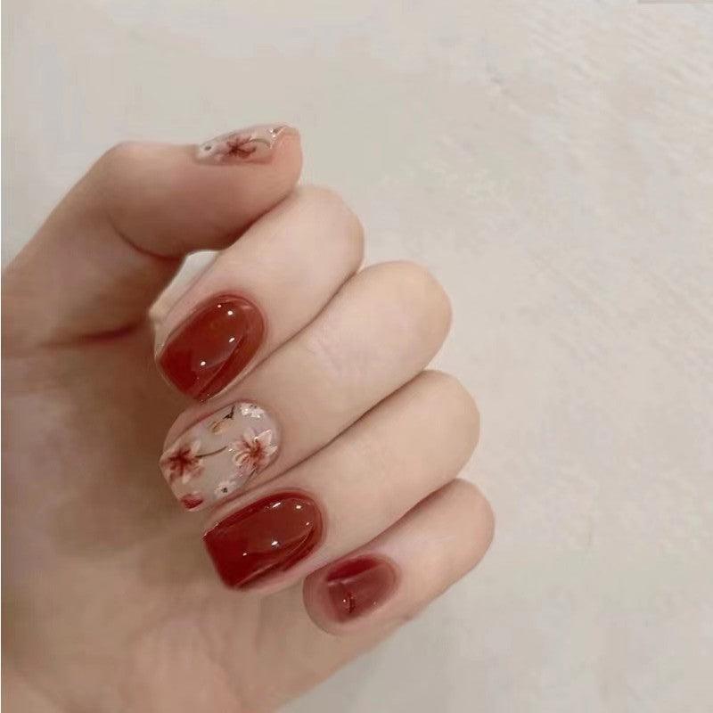 [AUTUMN SALE] Maple Leaves Brown and Floral Design Short Press On Nails - Belle Rose Nails