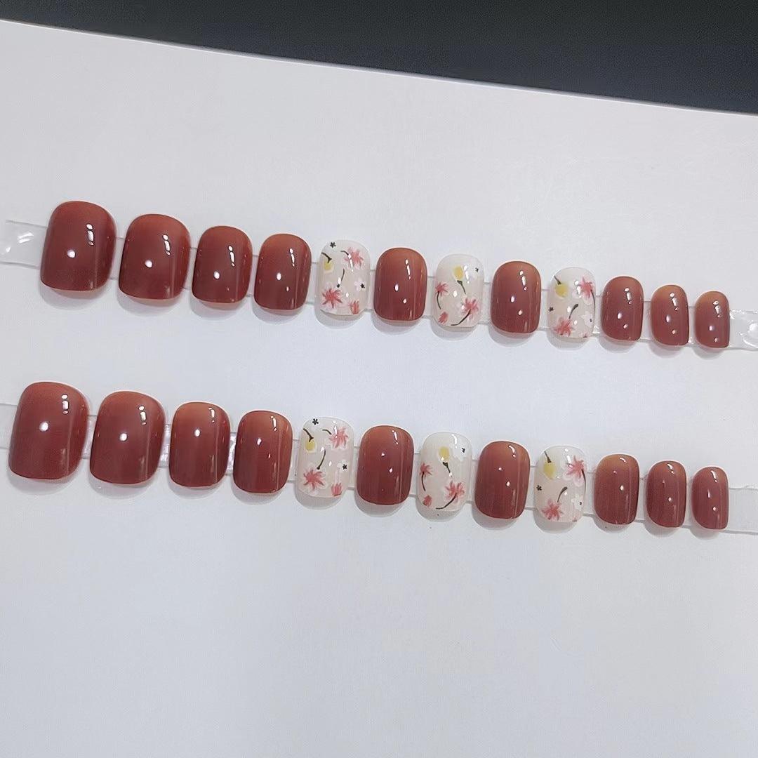 [AUTUMN SALE] Maple Leaves Brown and Floral Design Short Press On Nails - Belle Rose Nails