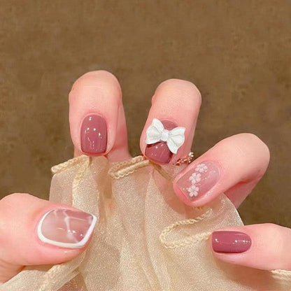 Marble Floral Pink with Bowtie Short Press-On Nails - Belle Rose Nails