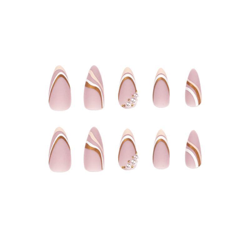 Matte Pink Abstract Lines French Style with Pearls Medium Length Press-On Nails - Belle Rose Nails