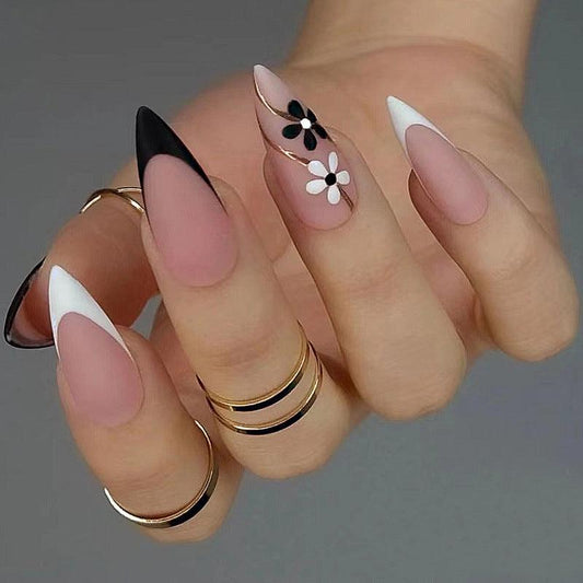 Matte White and Black French with Flowers Long Press-On Nails - Belle Rose Nails