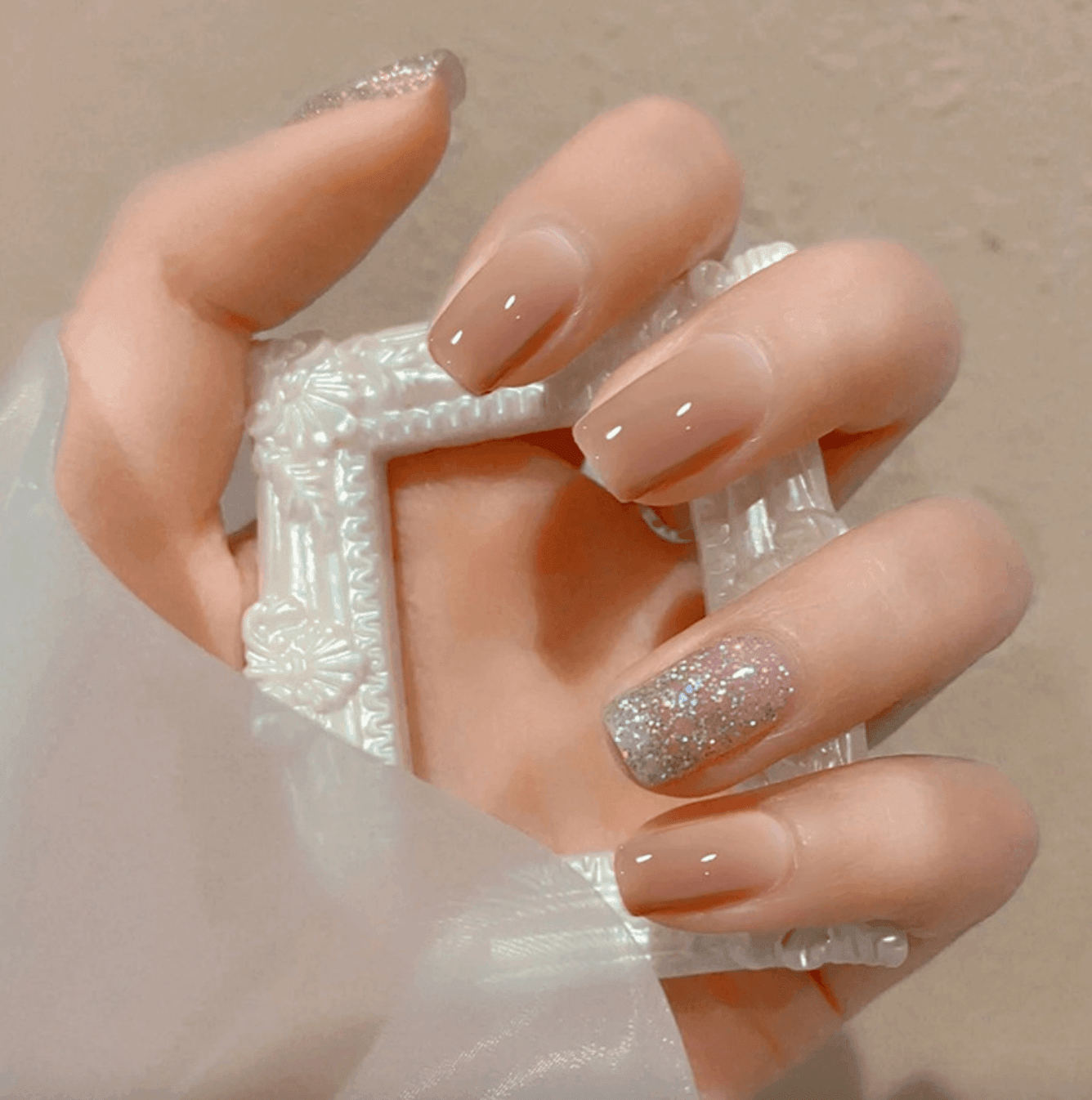 Milktea Jelly Pink with Silver Glitters Short Rounded Square Press On Nails - Belle Rose Nails