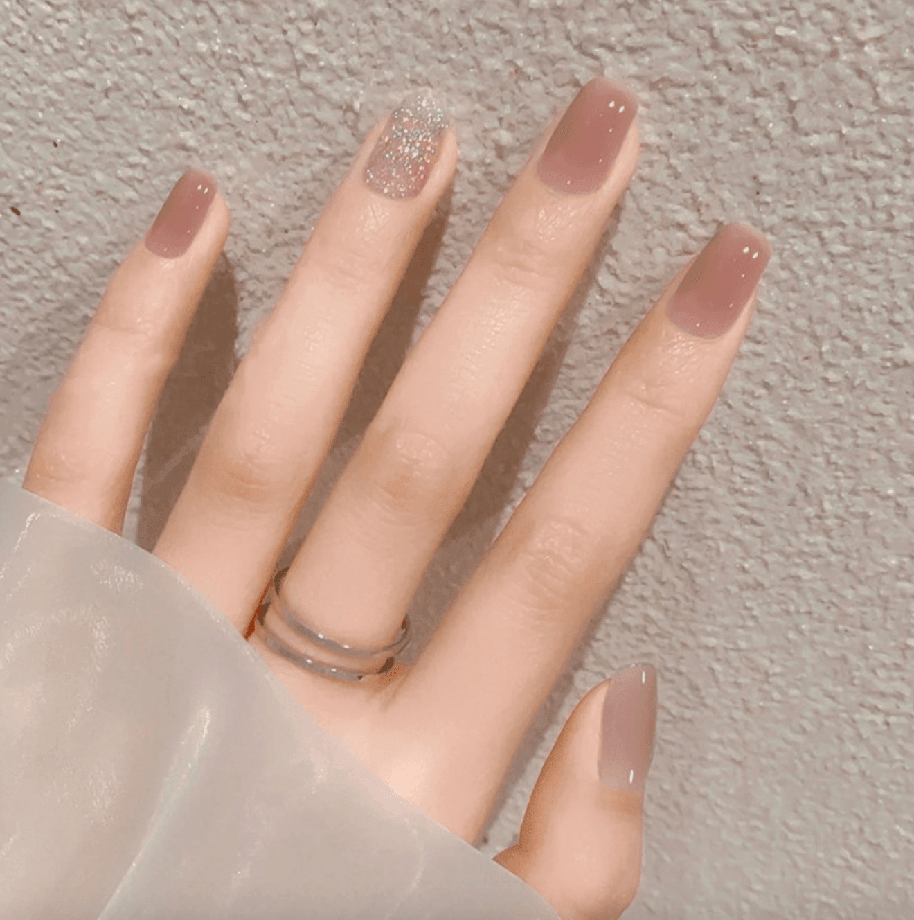 Milktea Jelly Pink with Silver Glitters Short Rounded Square Press On Nails - Belle Rose Nails