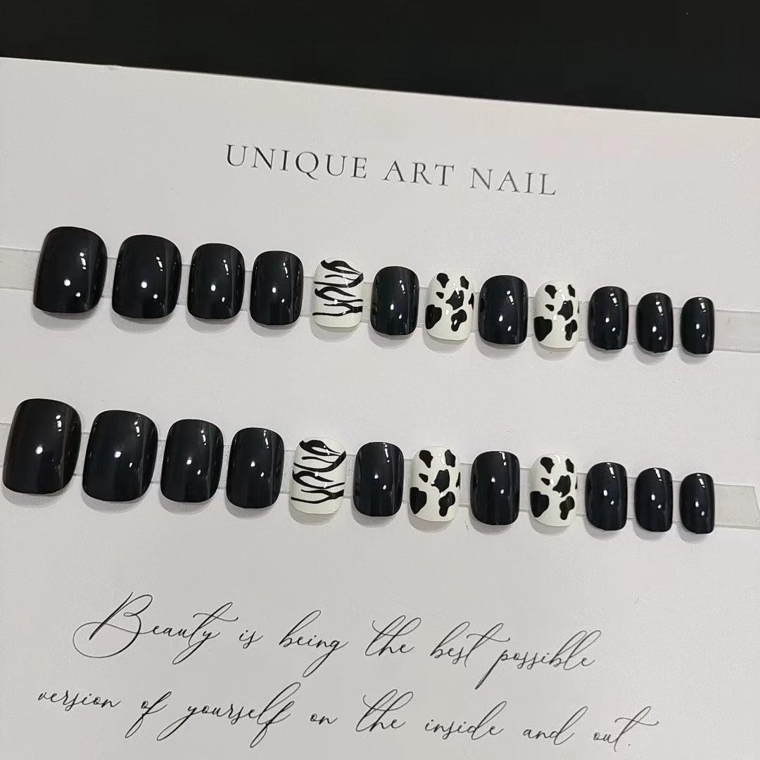 [AUTUMN SALE] Milky White and Black Zebra Cow Short Press On Nails - Belle Rose Nails