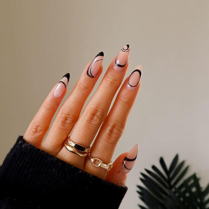 Modern Abstract Lines Black and Neutral Minimalist Medium Length Press-On Nails - Belle Rose Nails