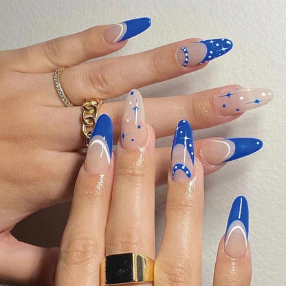Navy Blue French with Stars Long Press-On Nails - Belle Rose Nails