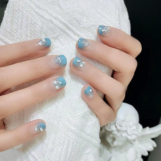 Ocean’s Lover Blue Ombre with Glittering Pearl Shatters Short Press On Nails - Belle Rose Nails