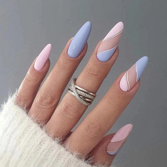 Patel Pink and Blue Mixed Colors Long Press-On Nails - Belle Rose Nails