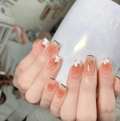 Peach Pink and Nude Ombre with Gold Glitter and Painted Flowers Short Press On Nails - Belle Rose Nails