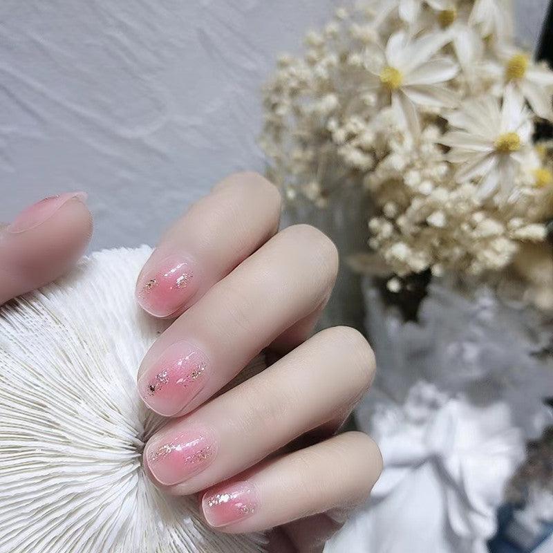 Petal Pink Blush with Gold Foil Short Press-On Nails - Belle Rose Nails