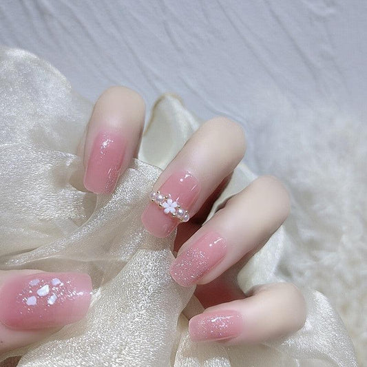 Petal Pink Glittering Floral and Pearls Medium Length Nails - Belle Rose Nails