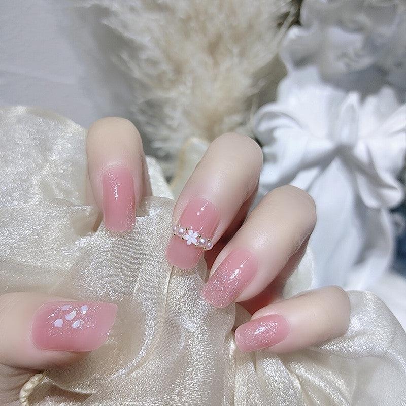 Petal Pink Glittering Floral and Pearls Medium Length Nails - Belle Rose Nails