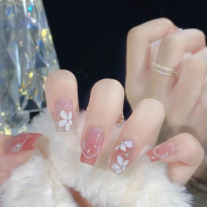 2024 SALE] Petal Pink with Flowers and Pearls Medium Length Press-On –  Belle Rose Nails