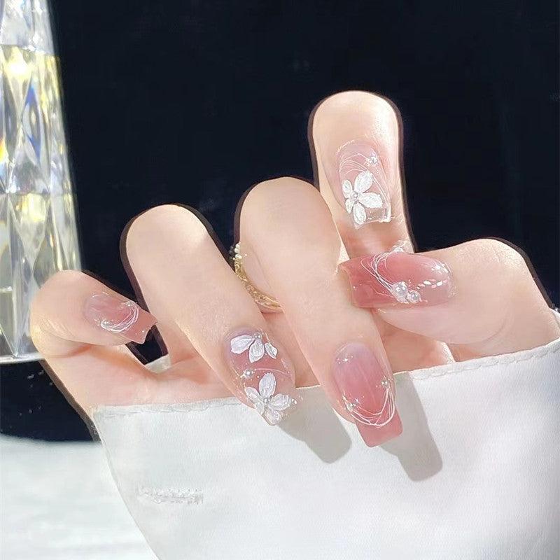 Petal Pink with Flowers and Pearls Medium Length Press-On Nails - Belle Rose Nails