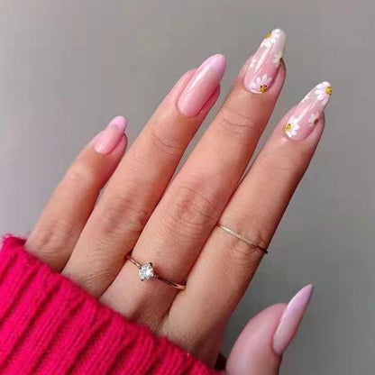 Pink and White Flowers French Style Medium Length Press-On Nails - Belle Rose Nails